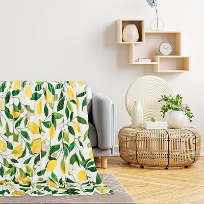 Lemon Fuzzy Blanket 60 x 50 Inch Yellow Lemon with Green Leaves Throw Blanket Bed Blanket Soft Warm Spring Summer Blanket for Adults Kids Gift Home Chair Sofa Couch
