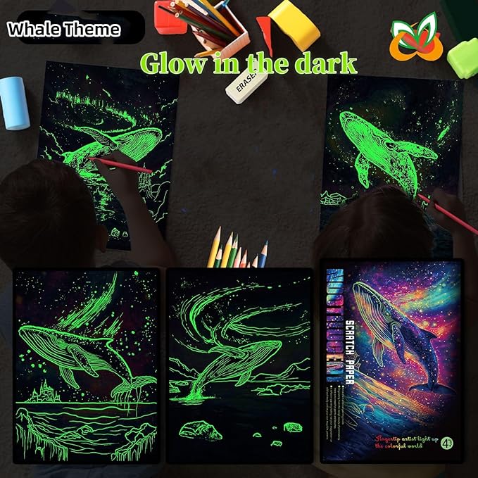 Georgie Porgy Scratch Paper Art Set for Kids Adults Magic Rainbow Scratchboards for DIY Arts and Crafts Kits Christmas Birthday Gift with Scratching Tools Kit (A4-Noctilucent Whale + Sea World)