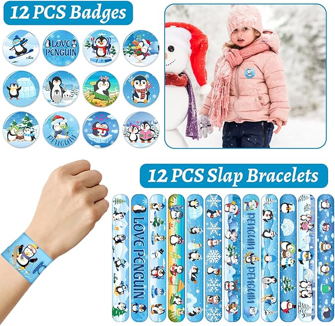 Penguin Party Favors, Penguin Temporary Tattoos Slap Bracelets Keychains Badges Gift Bags for Winter Penguin Birthday Party Supplies Decorations Gifts for Kids Classroom Rewards Baby Shower