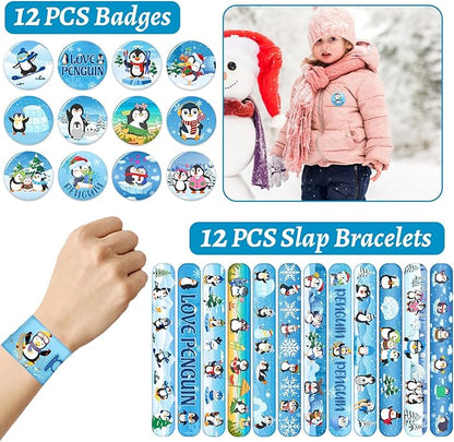 Penguin Party Favors, Penguin Temporary Tattoos Slap Bracelets Keychains Badges Gift Bags for Winter Penguin Birthday Party Supplies Decorations Gifts for Kids Classroom Rewards Baby Shower