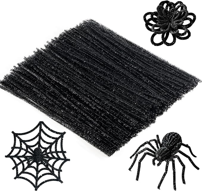 Caydo 200 Pieces Glitter Black Pipe Cleaners,Thick Fluffy Chenille Stems, Pipe Cleaner Crafts for Arts & Crafts, Perfect for Making Animals, Flowers, and Festive Decorations