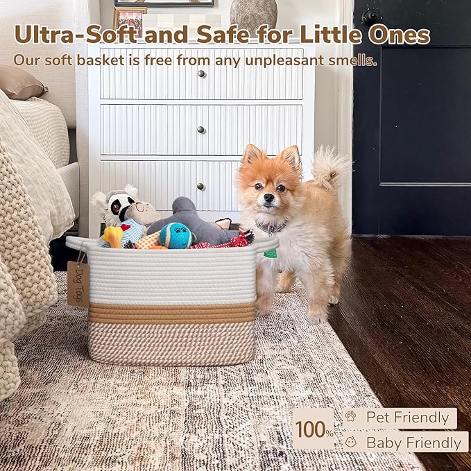 Goodpick Woven Storage Baskets for Organizing, Rectangle Cotton Rope Basket for Dog Toys Books Magazines, Stylish Gift Basket for Living Room Home Decor, 13" x 10" x 9", White & Camel Mix