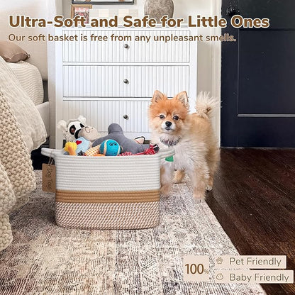Goodpick Woven Storage Baskets for Organizing, Rectangle Cotton Rope Basket for Dog Toys Books Magazines, Stylish Gift Basket for Living Room Home Decor, 13" x 10" x 9", White & Camel Mix