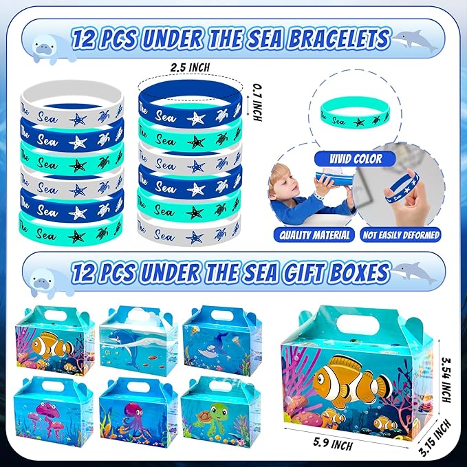 144 Pcs Under the Sea Party Favors Set with Keychains Slap Bracelet Scratch Art Tattoo Stickers Wristbands Treat Boxes Ocean Party Favors Under the Sea Party Decorations