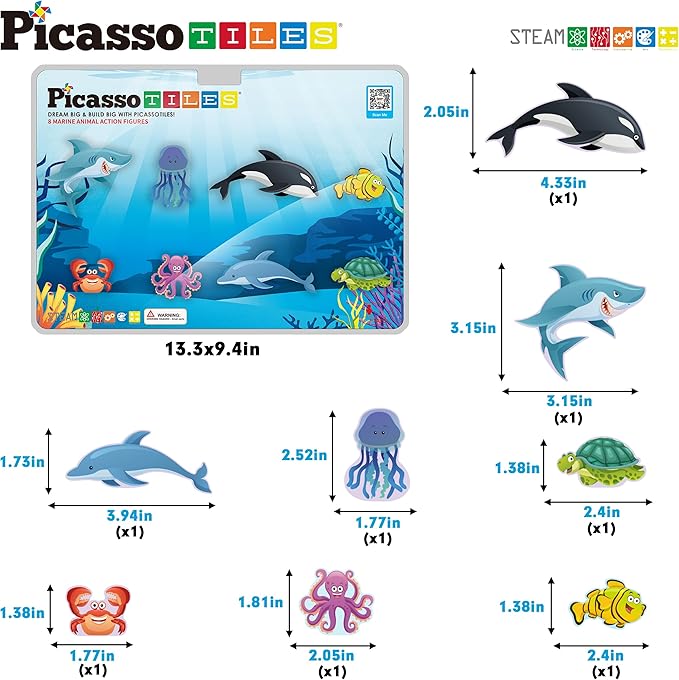 PicassoTiles Magnet Tile Building Blocks 8 Marine Animal Action Figures Compatible Magnetic Accessory Playset Tiles Kids Toys STEM Educational Learning Preschool Toddler Girls Boys Age 3+ PTA25