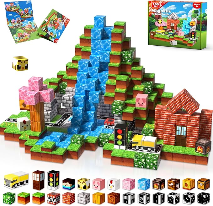 Magneverse 100 PCS 0.8in Magnetic Blocks - Toys, Magnetic Building Blocks Cubes, Stacking Magnets, STEM Toys for School Acitivities, Birthday Gifts for Boys Age 3+ Years Old (Theme: Forests)