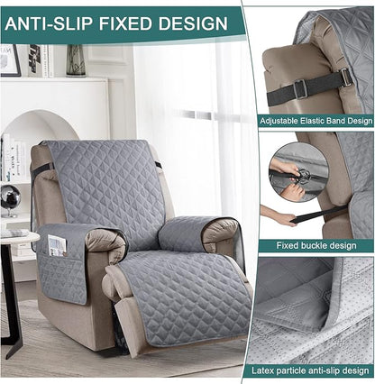 Ruaozz 100% Waterproof Recliner Chair Cover Non-Slip Reclining Cover for Recliner Chair Washable Chair Seat Cover with Elastic Straps for Kids, Dogs, Pets (Light Grey, 23'')