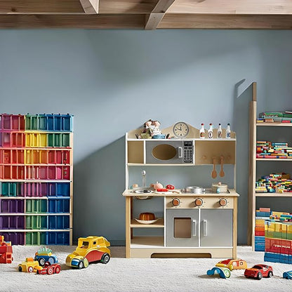 Kids Play Kitchen, Wooden Kitchen Playset for Kids with 12 Pcs Toy Food & Cookware Accessories, Toys Kitchen Small Pretend Play Kitchen for Toddlers