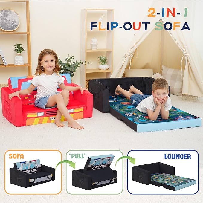 MallBest Kids Sofas, Extra Wide Toddler Couch Bed - 2 in 1 Baby Convertible Foam Chair to Lounger,Toddler Couch for Boys and Girls,Black/Police Car