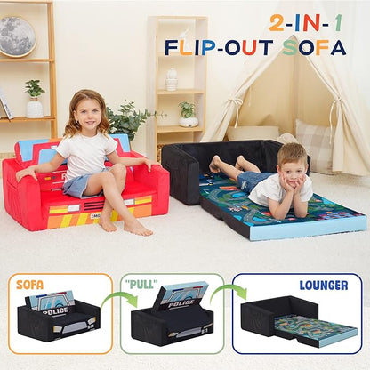 MallBest Kids Sofas, Extra Wide Toddler Couch Bed - 2 in 1 Baby Convertible Foam Chair to Lounger,Toddler Couch for Boys and Girls,Black/Police Car
