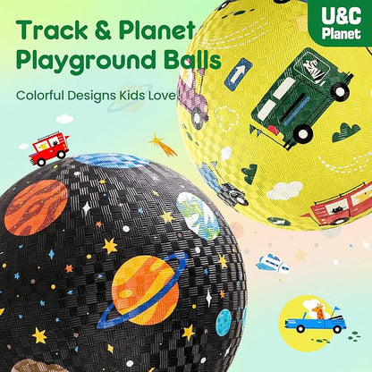 U&C Planet Playground Balls for Toddlers 1-3, 2 Pack 6 inch 8.5 inch Kickball for Kids Outdoor Indoor, Catoon Rubber Balls with Pump, Child Gift for Boys Girls 1-3 3-5 5-10