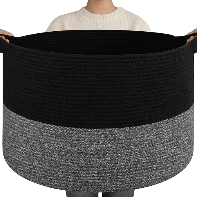 OIAHOMY 90L XXXLarge Blanket Basket for Living Room, 21.7" x 13.8" Woven Cotton Rope Laundry Basket for Organizing Pillows, Decorative Stuffed Animal Toy Storage Bin for Nursery, Black and Grey