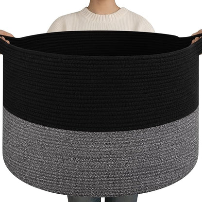 OIAHOMY 90L XXXLarge Blanket Basket for Living Room, 21.7" x 13.8" Woven Cotton Rope Laundry Basket for Organizing Pillows, Decorative Stuffed Animal Toy Storage Bin for Nursery, Black and Grey
