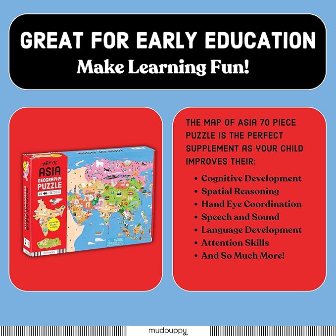 Mudpuppy Map of Asia – 70 Piece Geography Puzzle with Country-Shaped Pieces and Iconic Landscapes Cultural Items and More