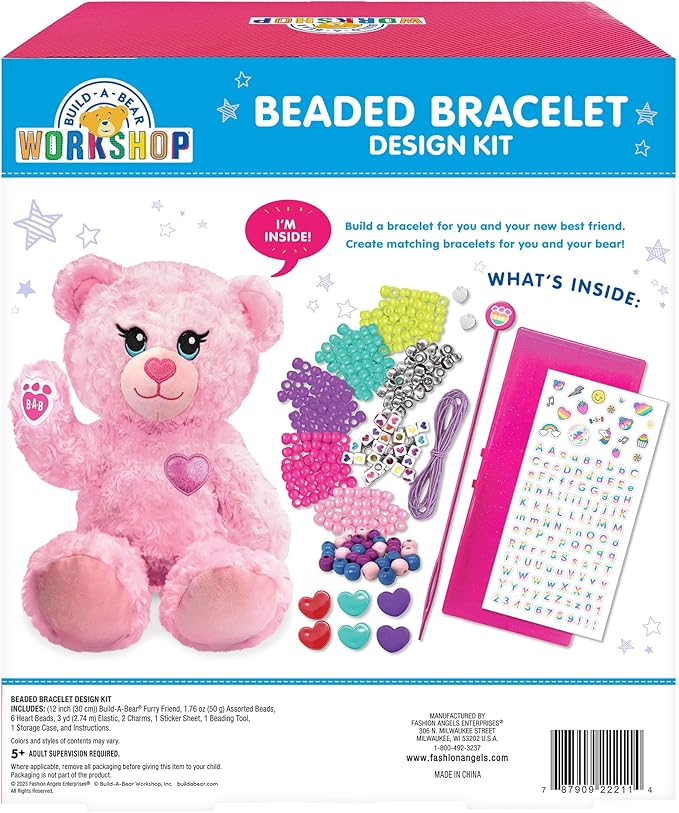 Fashion Angels Build-A-Bear Beaded Bracelet Design Kit - Design BFF Bracelets for Girls with Your Stuffed Bear - Beading Tool for Bracelet Making - Heart Beads for Jewerly - Ages 5 and up
