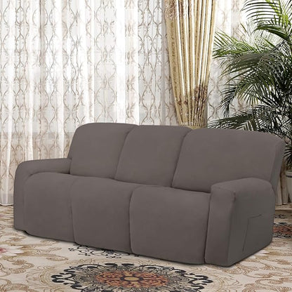 Easy-Going 8 Pieces Microfiber Stretch Sectional Recliner Sofa Slipcover Soft Fitted Fleece 3 Seats Couch Cover Washable Furniture Protector with Elasticity for Kids Pet(Recliner Sofa, Taupe)