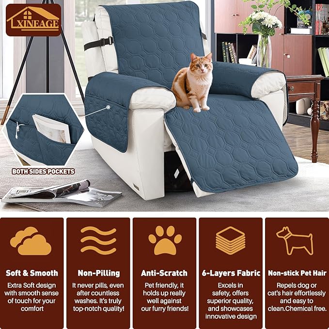 XINEAGE 100% Waterproof Recliner Chair Cover, Non Slip Covers for Recliner Chair with Pocket, Washable Dog Recliner Couch Cover with Elastic Straps (Berlin Blue, 23.6")
