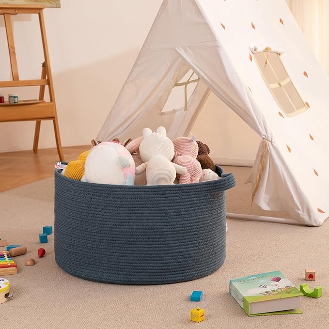OIAHOMY 90L Blanket Basket for Living Room, Large Basket 23" x 23" x 13" with Handle, Laundry Hamper for Blankets, Pillows, Toy Storage for Kids, Dogs - Blue