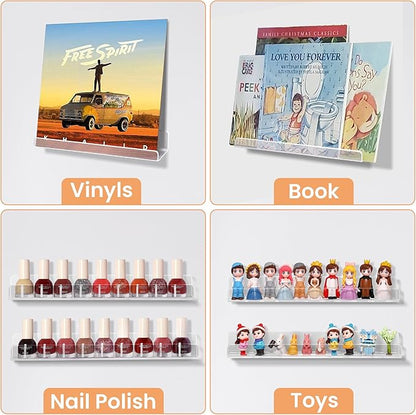 upsimples 8 Pack Vinyl Wall Mount Shelves, 12" Album Record for Storage & Display, Clear Acrylic Floating Shelf for Kids Bookshelf, Magazine Rack, Picture Ledge