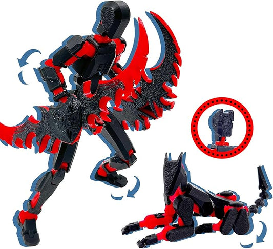 (Assembly Completed) T13 3D Action Figure Set,Dummy Robo Titan 13 Action Figures,3D Printed Multi-Jointed Toy (Black Red + Dog)