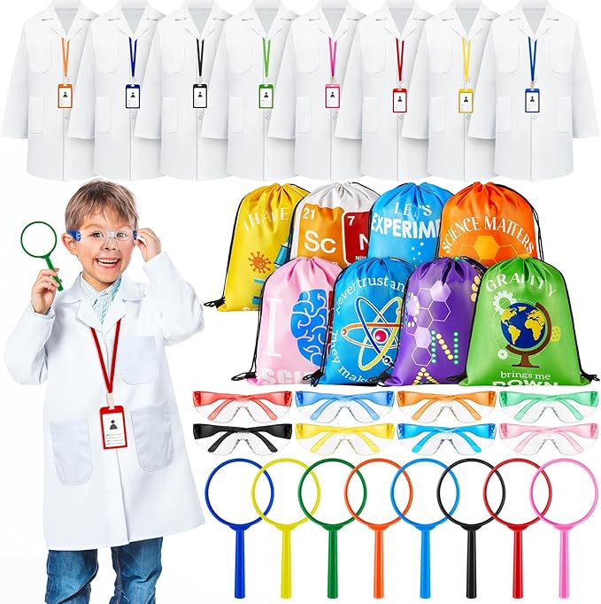 Lenwen 8 Sets Kids Science Experiment Kit with Lab Coat Scientist Costume Dress and Role Play Colorful Toys Gift for Boys Girls Kids Christmas Birthday Party