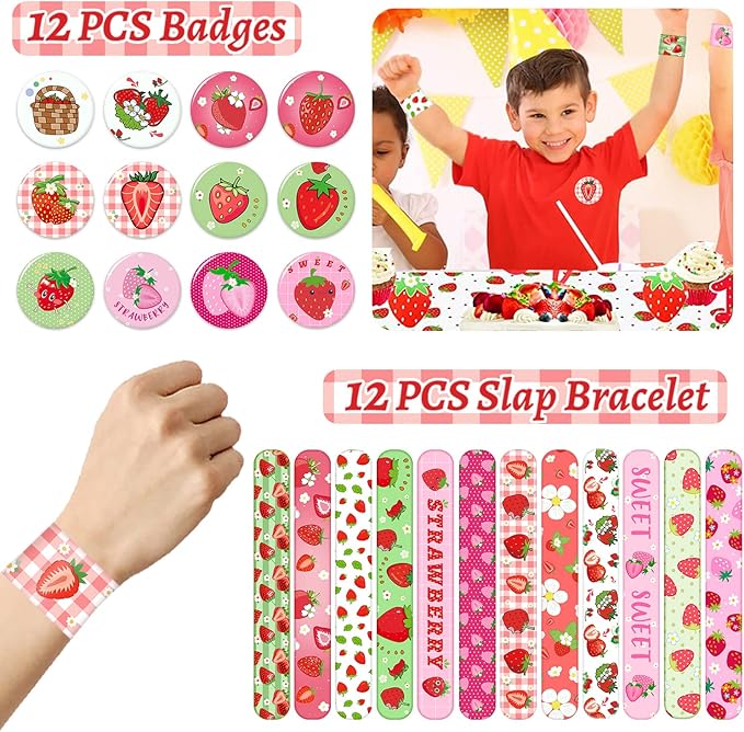 Strawberry Party Favors 110PCS Strawberry Theme Slap Bracelets Stickers Key Chains Badge Gift Bags Temporary Tattoos for Kids Baby Shower Berry First Birthday Party Supplies Decorations