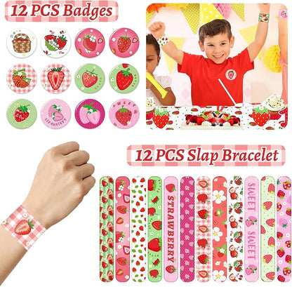 Strawberry Party Favors 110PCS Strawberry Theme Slap Bracelets Stickers Key Chains Badge Gift Bags Temporary Tattoos for Kids Baby Shower Berry First Birthday Party Supplies Decorations