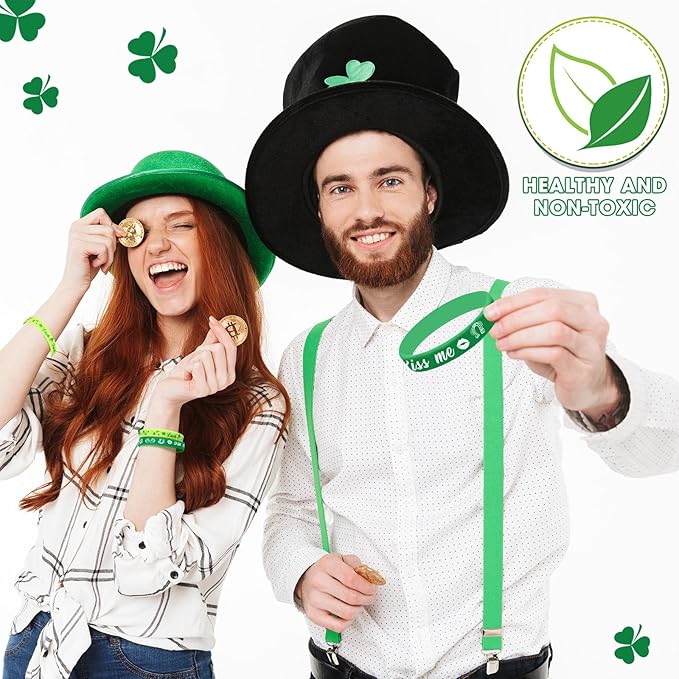 St. Patrick's Day Silicone Bracelet Green Shamrock Rubber Wristbands Bracelets Lucky Clover Silicone Bracelets for Irish Party Favor Supplies Decorations Gifts for Adult