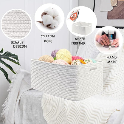 COMFY-HOMI 3 pcs Large Storage Baskets for Shelves, Laundry Basket, Woven Rope Basket, Closet Organizer Bins for Clothes Blanket Towels, Baby Nursery, Gift Toy Baskets, 17” x 13” x 7.5”-White