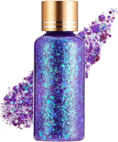 Gemstone Purple Face Body Glitter Gel Maekup for Women and Kids, Longwear Shimmer Holographic Mermaid Sequin Hair Glitter Gel for Singer Concert Music Festival Rave Accessories, 1oz