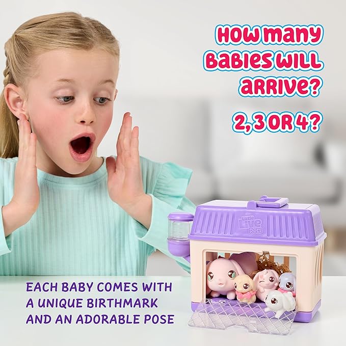 Little Live Pets Bunny Mini Interactive Live Pet Toy Set, Hutch Animal Playset with 3 Surprise Babies, 20+ Sounds, Bunny Accessories for Girls Toys for Ages 3+