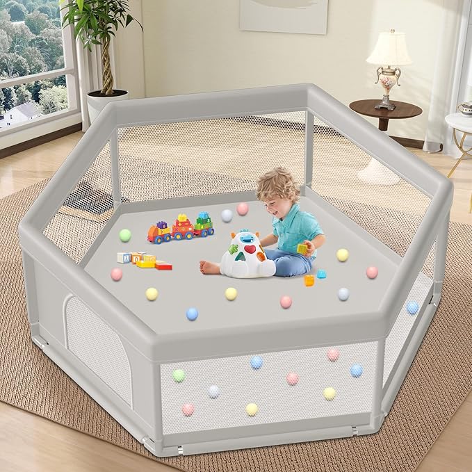 Hiaksedt Large Baby Playpen 65x65 Inch, Play Pens for Babies and Toddlers Hexagonal Type Baby Play Yards for Indoor & Outdoor with Breathable Mesh Anti-Fall
