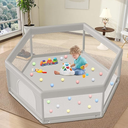 Hiaksedt Large Baby Playpen 65x65 Inch, Play Pens for Babies and Toddlers Hexagonal Type Baby Play Yards for Indoor & Outdoor with Breathable Mesh Anti-Fall