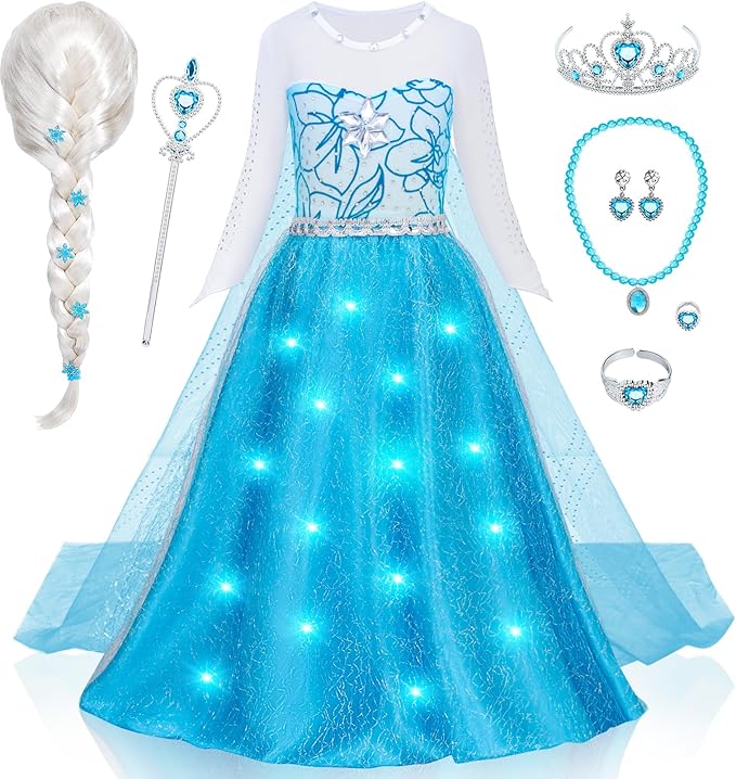 G.C Girls Light Up Elsa Dress Costume Toddler Princess Dress Up with Cape Kids Elsa Wig Crown Toys Halloween Cosplay