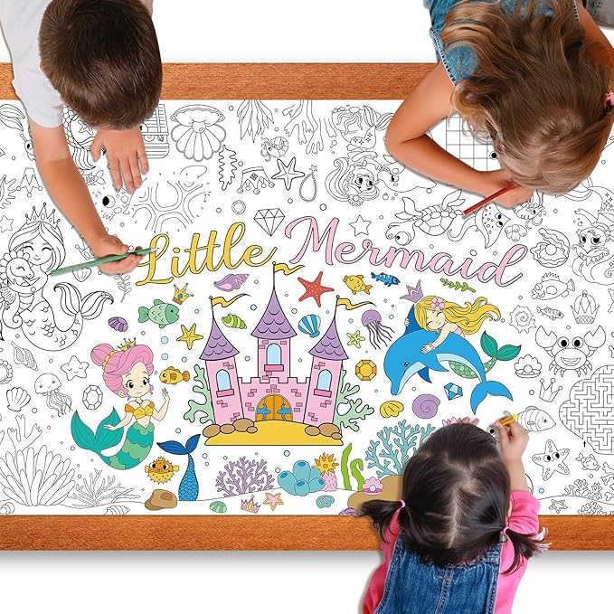 Mermaid Giant Coloring Poster for Kids 30 x 72 Inch, Mermaid Large Coloring Poster Sheets Tablecloth, Mermaid Themed Color-in Activities Games for Kids School Classroom Home Party Supplies Decorations