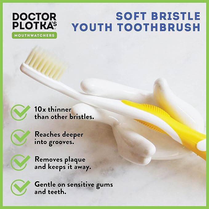 MOUTHWATCHERS Soft Kids Toothbrushes, 2 Pack, Manual Flossing Toothbrush, Ultra Clean, Pink and Yellow Childrens Toothbrushes, by Dr. Plotka's