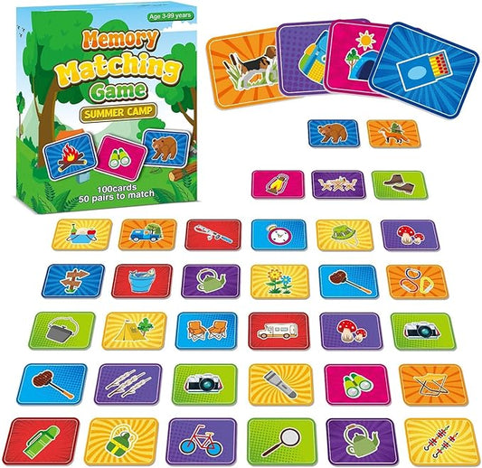 gisgfim 50 Pairs Memory Matching Game for Kids Summer Camp Concentration Games for Preschool Educational Ages 3-8 A Fun & Fast Camp Theme Memory Matching Games