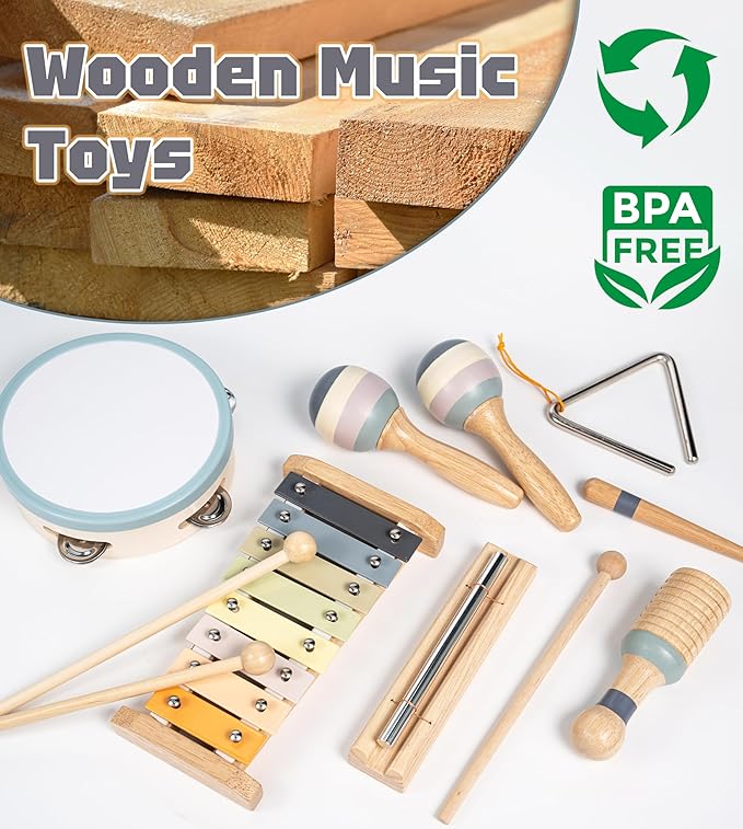 Toddler Musical Instruments 7 in 1 Wooden Xylophone Maracas Baby Sensory Musical Kids Montessori Toys with Canvas Storage Bag