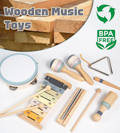 Toddler Musical Instruments 7 in 1 Wooden Xylophone Maracas Baby Sensory Musical Kids Montessori Toys with Canvas Storage Bag