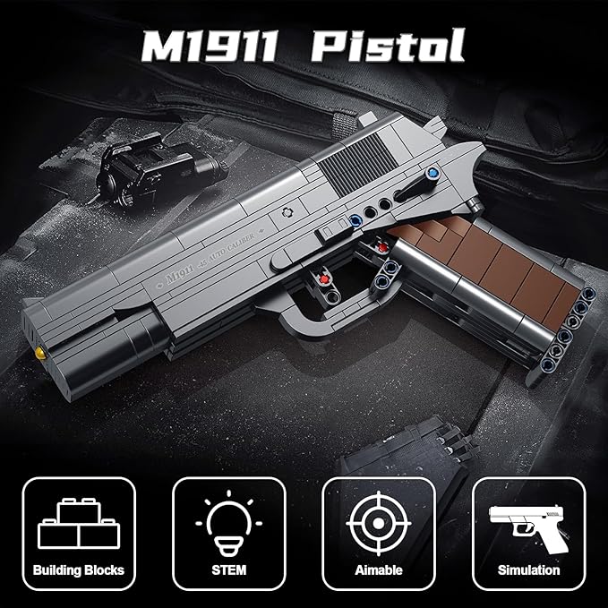 Finger Rock M1911 Pistol Model Guns Building Blocks Toy Set, DIY Simulation Handheld Gun Mechanical Model Kits, 333 pcs Collectible Construction Shootable Sniper Toys Gifts for Teens Boys Aged 14+