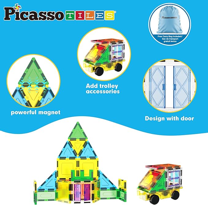 PicassoTiles Magnetic Tiles 61pc Magnet Tile Building Blocks Construction Sensory Toy Set with Storage Carry Case Drawstring Bag STEM Kids Learning Educational Pretend Play Boy Girl Ages 3+ & Up PT05