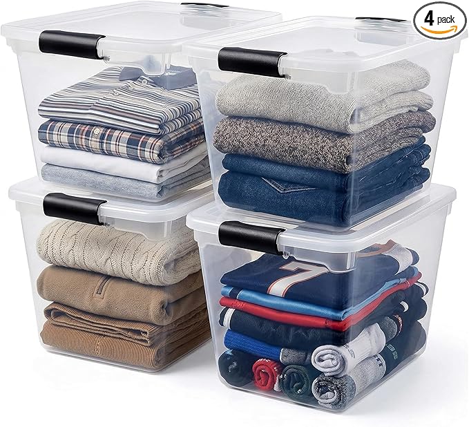 HOMZ 4-Pack 31 Quart Latching Lid, Clear Plastic Storage Organizer Bins, Gray – Stackable Containers for Home & Office Shelves, Kitchen, Garage, and Bathroom Organization