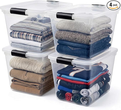 HOMZ 4-Pack 31 Quart Latching Lid, Clear Plastic Storage Organizer Bins, Gray – Stackable Containers for Home & Office Shelves, Kitchen, Garage, and Bathroom Organization