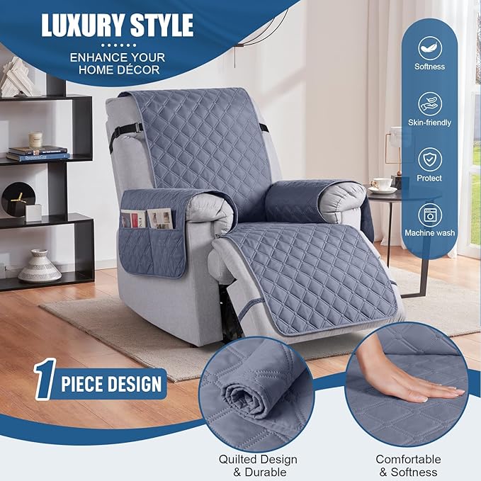 TAOCOCO 100% Waterproof Recliner Covers, Recliner Sofa Covers with Leg Straps, Reversible Recliner Couch Cover for Reclining Chair, Washable Couch Protector for Pets Kids(1 Seater 28", Bluish Gray)