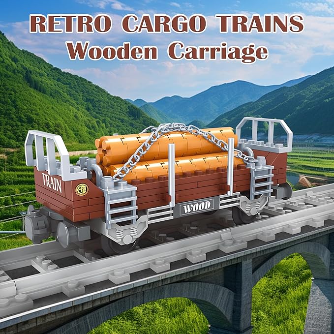 Finger Rock City Freight Train Car Building Toy Sets, Classic Wooden Carriage Cargo Train Model, 150 Pcs MOC Construction Toys for Train Lovers,STEM Gifts for Boys Girls 6 7 8+