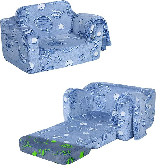 MeMoreCool Toddler Fold-Out Chair for Girls Boys, Glow-in-The-Dark Folding Baby Couch, Convertible Plush Recliner Lounger for Kids Playroom (Glowing Astronaut)