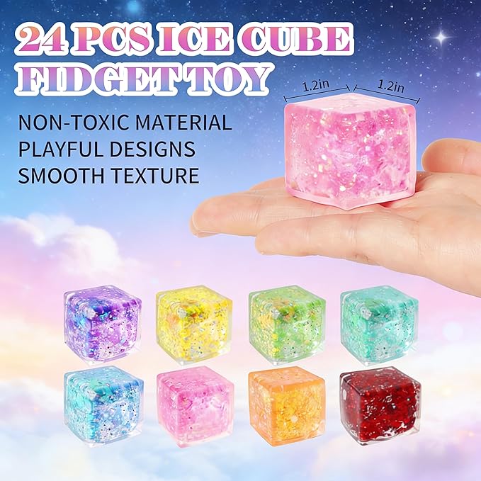 24 Pack Slow Rising Ice Cube Squishy Stress Balls，Stress Cube for Adults Kids , Sensory Fidget Toy for Anxiety Relief, Square Squeeze Toy for Classroom Prizes, Mini Nice Cube Squishy for Party Favors
