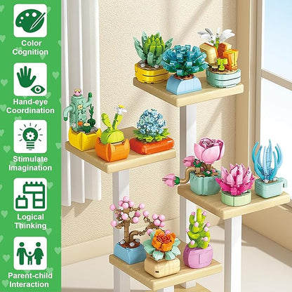 24 Pack Valentines Day Gifts for Kids 6-12, Succulents Flower Bouquets Building Blocks with Gift Cards for School Classroom, Boy Girl Class Valentine Party Favors Exchange Gift Goodie Bag Stuffers