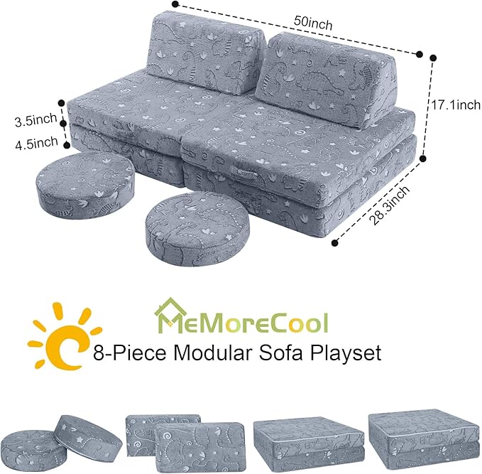 MeMoreCool Modular Glow Dinosaur Sofa for Kids, 8-Piece Convertible Foam Toddler Couch Play Set for Playroom and Children