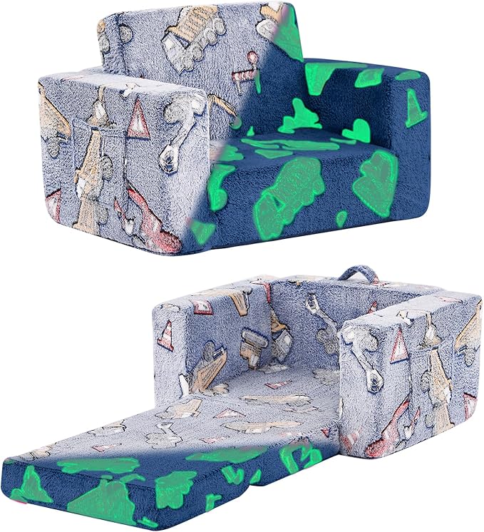 Tiita Kids Chair Couch, Folding Toddler Comfy Sofa Chairs, 2-in-1 Kids Plush Sofa Fold Out, Baby Armrest Chair Sofa to Lounger, Convertible Play Sofas to Bed for Girl or Boy, Vehicles